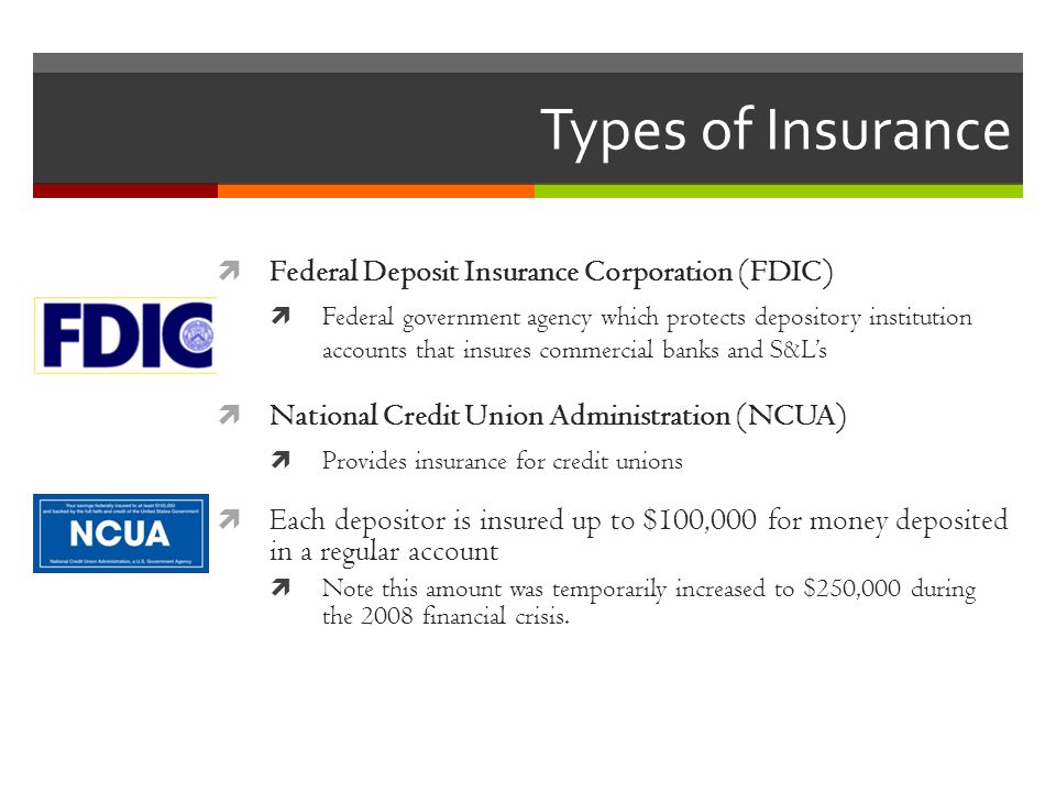 Types of Insurance  Federal Deposit Insurance Corporation (FDIC)  Federal government agency which protects depository institution accounts that insures commercial banks and S&L’s  National Credit Union Administration (NCUA)  Provides insurance for credit unions  Each depositor is insured up to $100,000 for money deposited in a regular account  Note this amount was temporarily increased to $250,000 during the 2008 financial crisis.