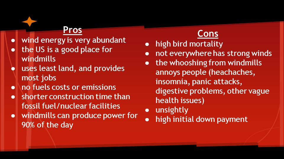 Pros ● wind energy is very abundant ● the US is a good place for windmills ● uses least land, and provides most jobs ● no fuels costs or emissions ● shorter construction time than fossil fuel/nuclear facilities ● windmills can produce power for 90% of the day Cons ●high bird mortality ●not everywhere has strong winds ●the whooshing from windmills annoys people (heachaches, insomnia, panic attacks, digestive problems, other vague health issues) ●unsightly ●high initial down payment