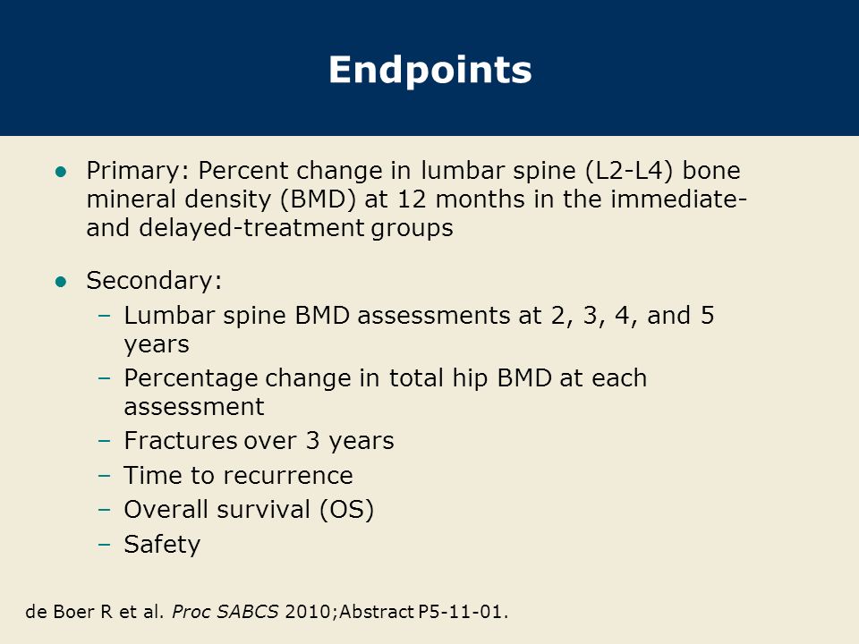 Endpoints Primary: Percent change in lumbar spine (L2-L4) bone mineral density (BMD) at 12 months in the immediate- and delayed-treatment groups Secondary: –Lumbar spine BMD assessments at 2, 3, 4, and 5 years –Percentage change in total hip BMD at each assessment –Fractures over 3 years –Time to recurrence –Overall survival (OS) –Safety de Boer R et al.