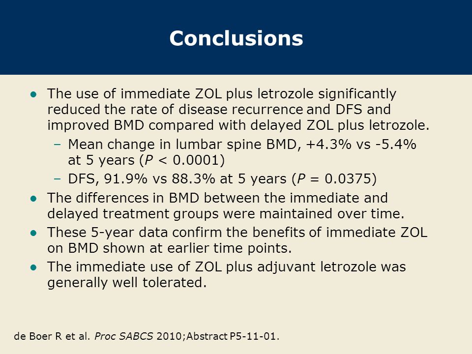 Conclusions The use of immediate ZOL plus letrozole significantly reduced the rate of disease recurrence and DFS and improved BMD compared with delayed ZOL plus letrozole.