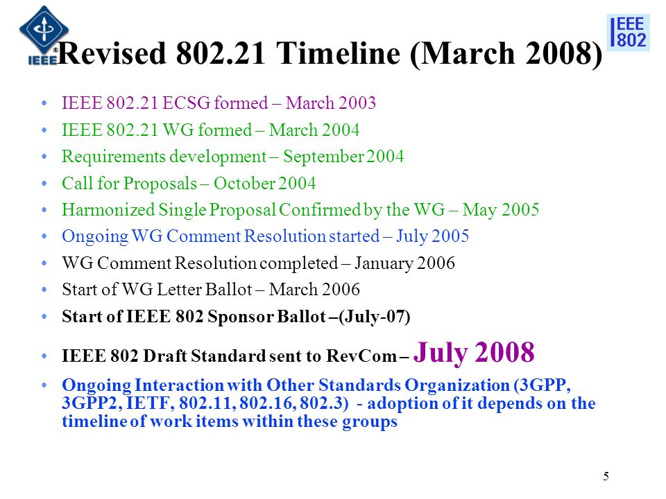 5 Revised Timeline (March 2008) IEEE ECSG formed – March 2003 IEEE WG formed – March 2004 Requirements development – September 2004 Call for Proposals – October 2004 Harmonized Single Proposal Confirmed by the WG – May 2005 Ongoing WG Comment Resolution started – July 2005 WG Comment Resolution completed – January 2006 Start of WG Letter Ballot – March 2006 Start of IEEE 802 Sponsor Ballot –(July-07) IEEE 802 Draft Standard sent to RevCom – July 2008 Ongoing Interaction with Other Standards Organization (3GPP, 3GPP2, IETF, , , 802.3) - adoption of it depends on the timeline of work items within these groups