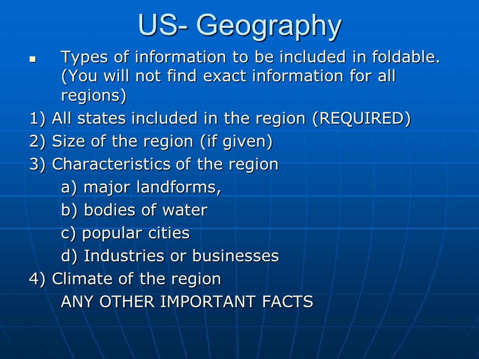 US- Geography Types of information to be included in foldable.