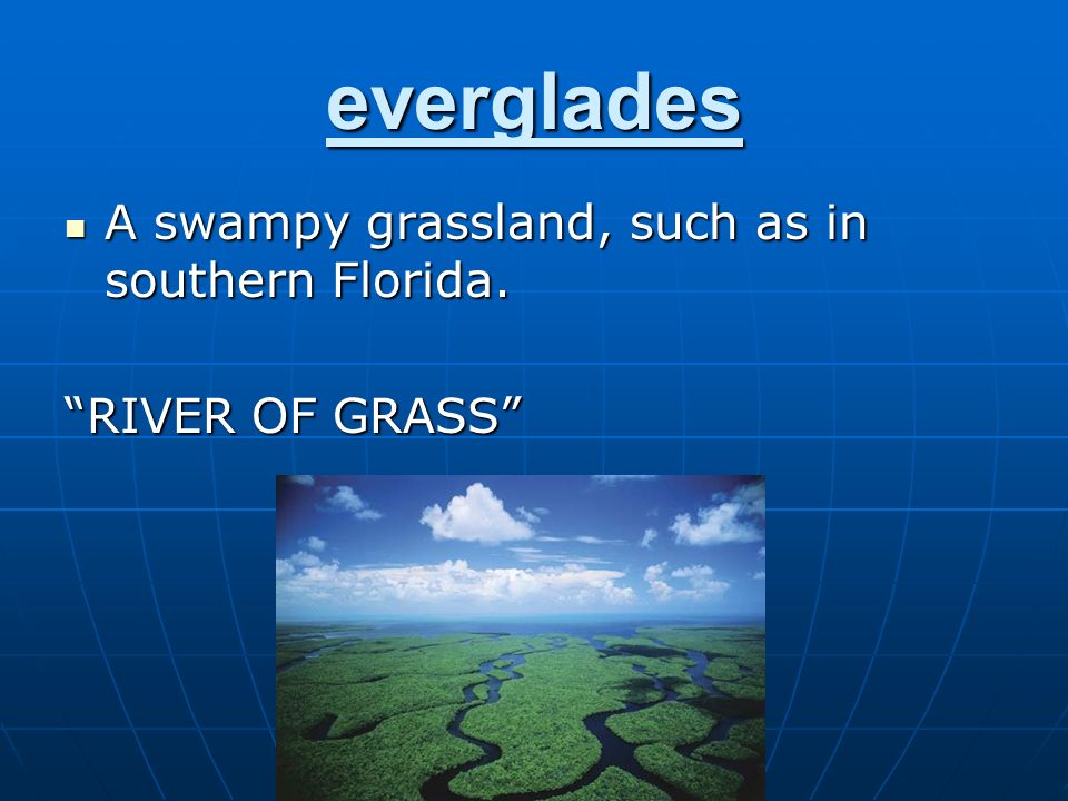 everglades A swampy grassland, such as in southern Florida.