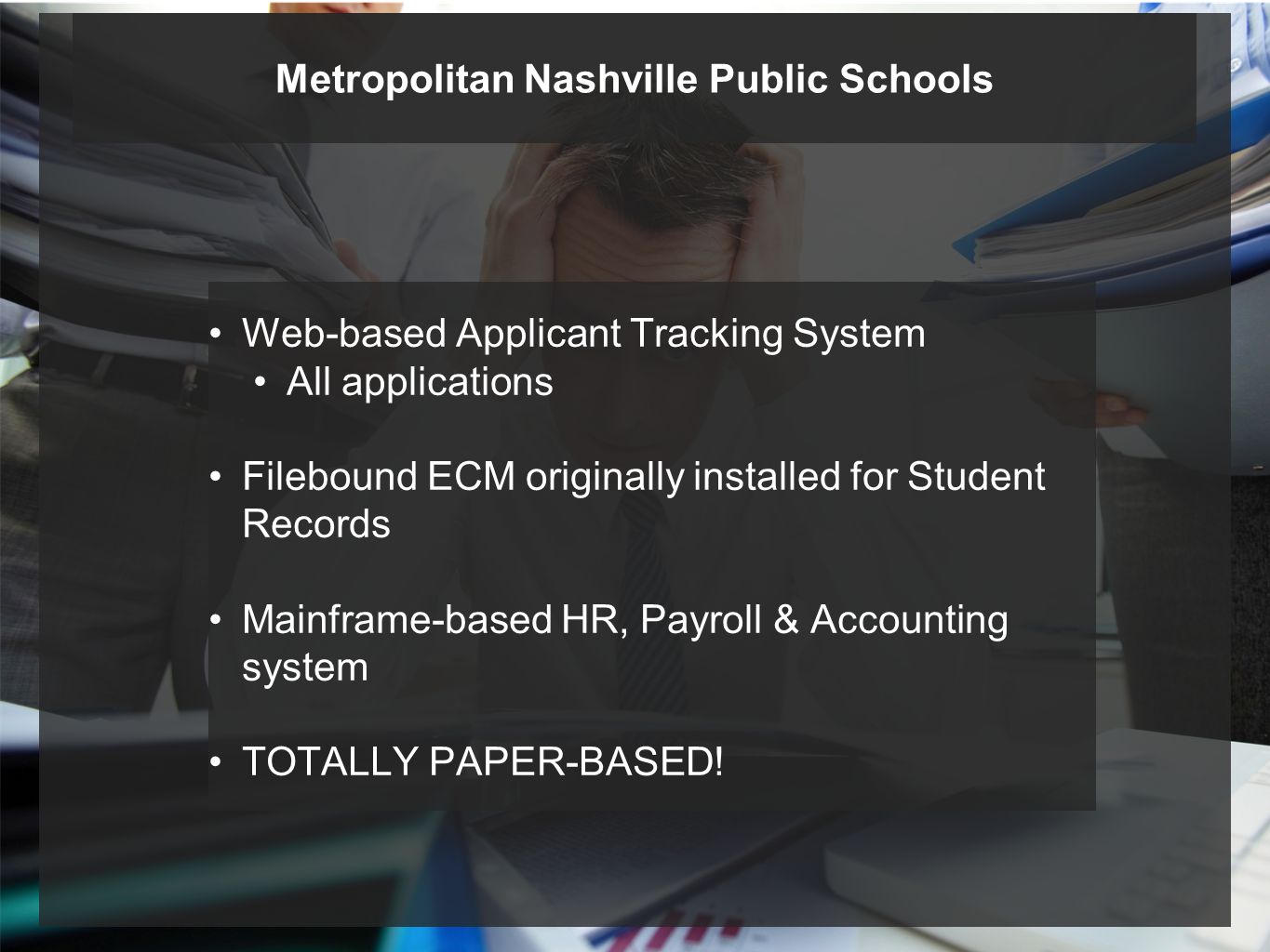 Web-based Applicant Tracking System All applications Filebound ECM originally installed for Student Records Mainframe-based HR, Payroll & Accounting system TOTALLY PAPER-BASED.
