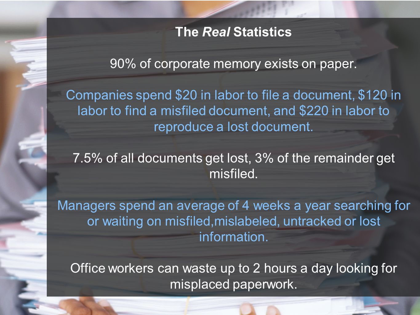 The Real Statistics 90% of corporate memory exists on paper.