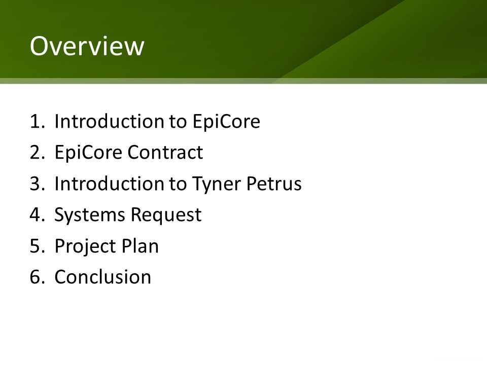 Overview 1.Introduction to EpiCore 2.EpiCore Contract 3.Introduction to Tyner Petrus 4.Systems Request 5.Project Plan 6.Conclusion