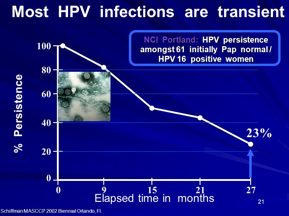 21 NCI Portland: HPV persistence amongst 61 initially Pap normal / HPV 16 positive women Elapsed time in months % Persistence 0 Schiffman M ASCCP 2002 Biennial Orlando, Fl.
