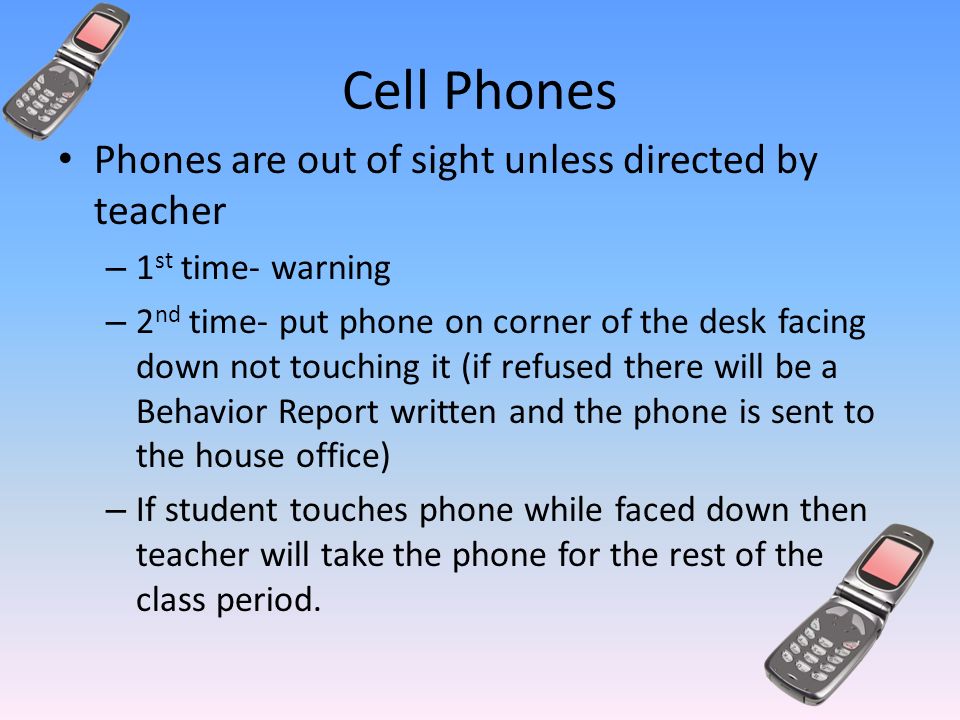 Come to class on time, prepared, and follow directions Participate and contribute to classroom activities/discussions Phones and electronic devices are out of sight unless directed by teacher.
