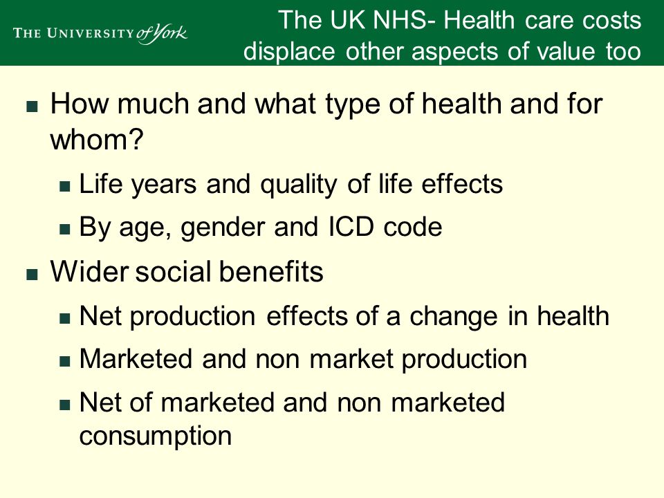 The UK NHS- Health care costs displace other aspects of value too How much and what type of health and for whom.