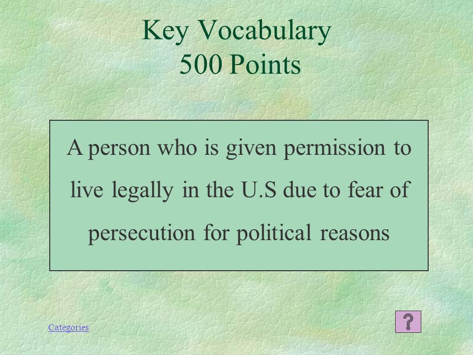 Categories A lawful permanent resident (LPR) Key Vocabulary 400 Points
