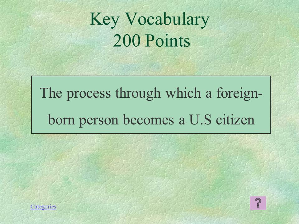 Categories Key Vocabulary 100 Points Green Card (Lawful Permanent Resident Card)