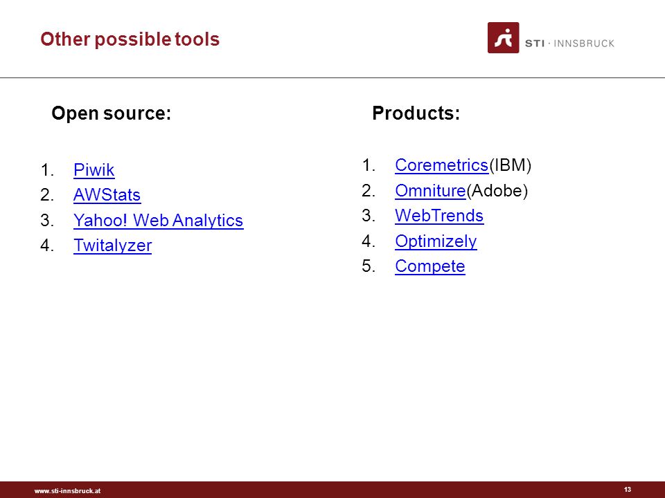 Other possible tools 1.PiwikPiwik 2.AWStatsAWStats 3.Yahoo.