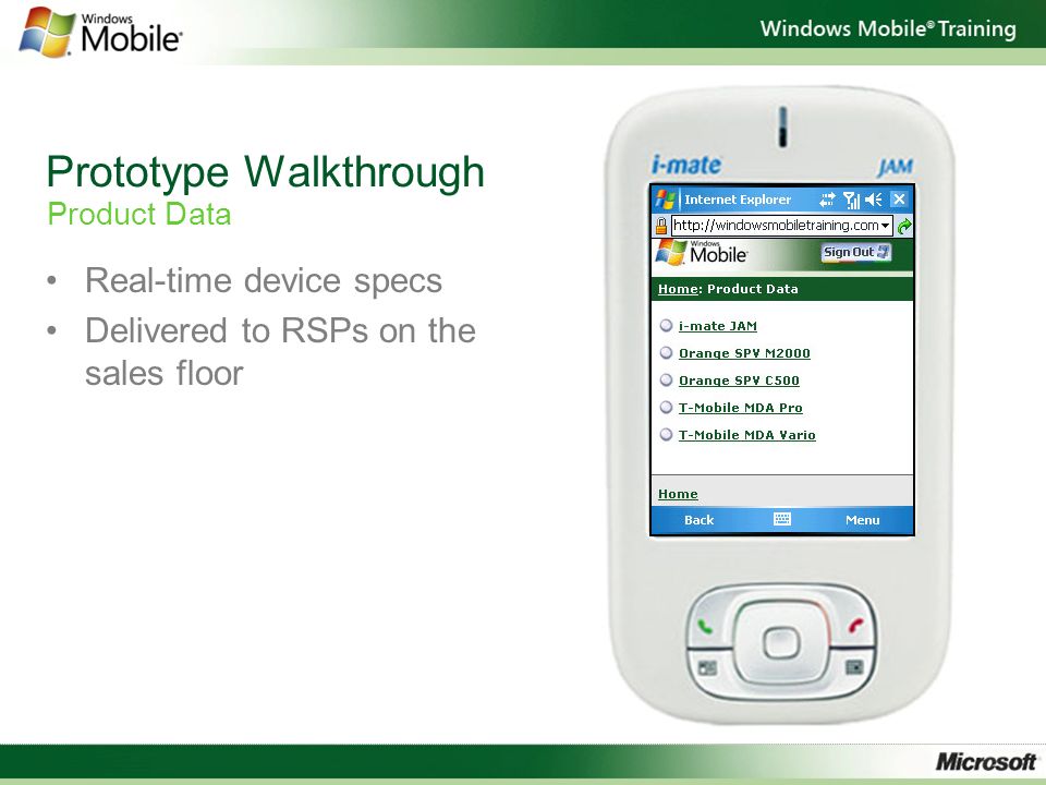Prototype Walkthrough Real-time device specs Delivered to RSPs on the sales floor Product Data