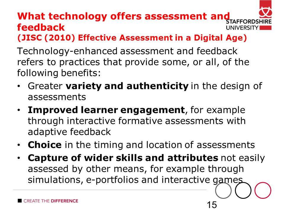 What technology offers assessment and feedback (JISC (2010) Effective Assessment in a Digital Age) Technology-enhanced assessment and feedback refers to practices that provide some, or all, of the following benefits: Greater variety and authenticity in the design of assessments Improved learner engagement, for example through interactive formative assessments with adaptive feedback Choice in the timing and location of assessments Capture of wider skills and attributes not easily assessed by other means, for example through simulations, e-portfolios and interactive games 15