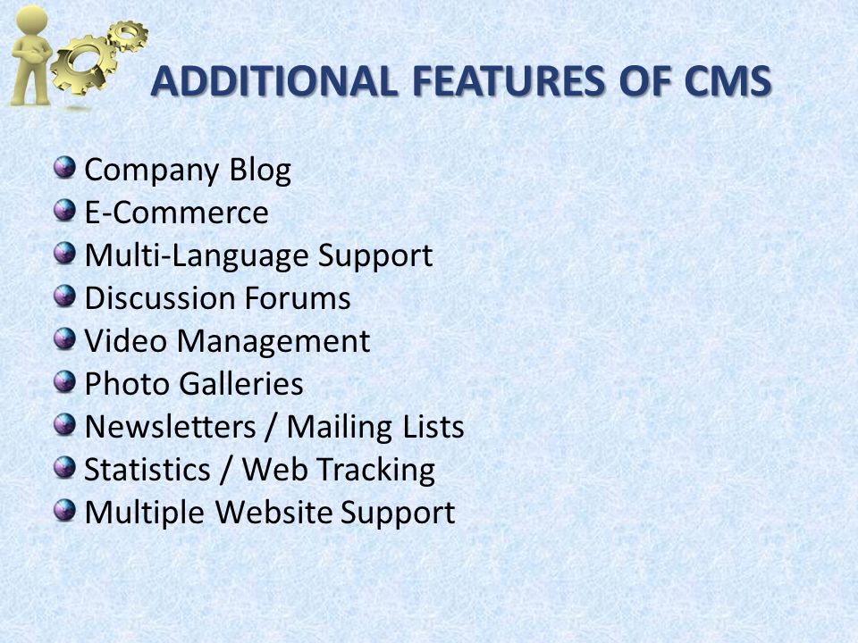 ADDITIONAL FEATURES OF CMS ADDITIONAL FEATURES OF CMS Company Blog E-Commerce Multi-Language Support Discussion Forums Video Management Photo Galleries Newsletters / Mailing Lists Statistics / Web Tracking Multiple Website Support