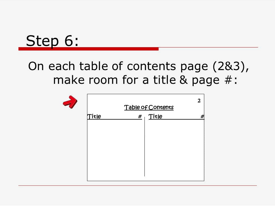 Step 6: On each table of contents page (2&3), make room for a title & page #: 2 Table of Contents Title #