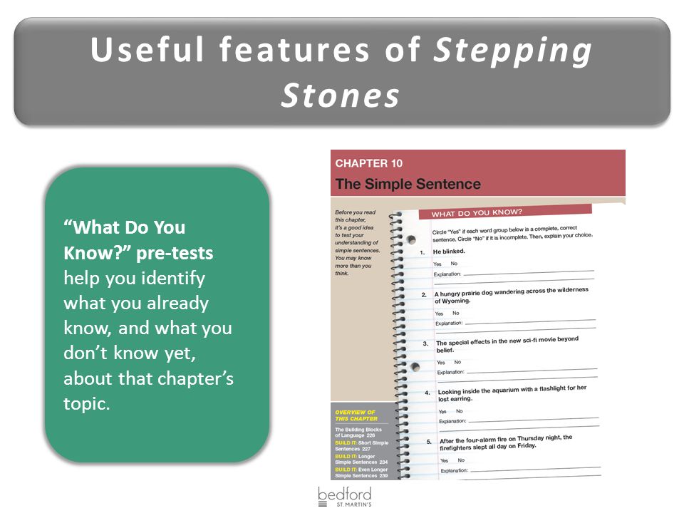 Useful features of Stepping Stones What Do You Know pre-tests help you identify what you already know, and what you don’t know yet, about that chapter’s topic.