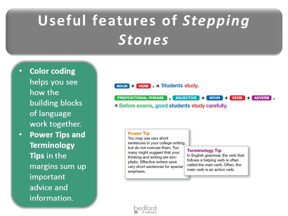 Useful features of Stepping Stones Color coding helps you see how the building blocks of language work together.