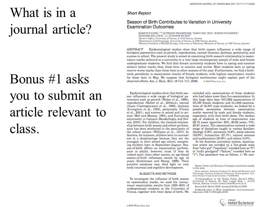 What is in a journal article Bonus #1 asks you to submit an article relevant to class.