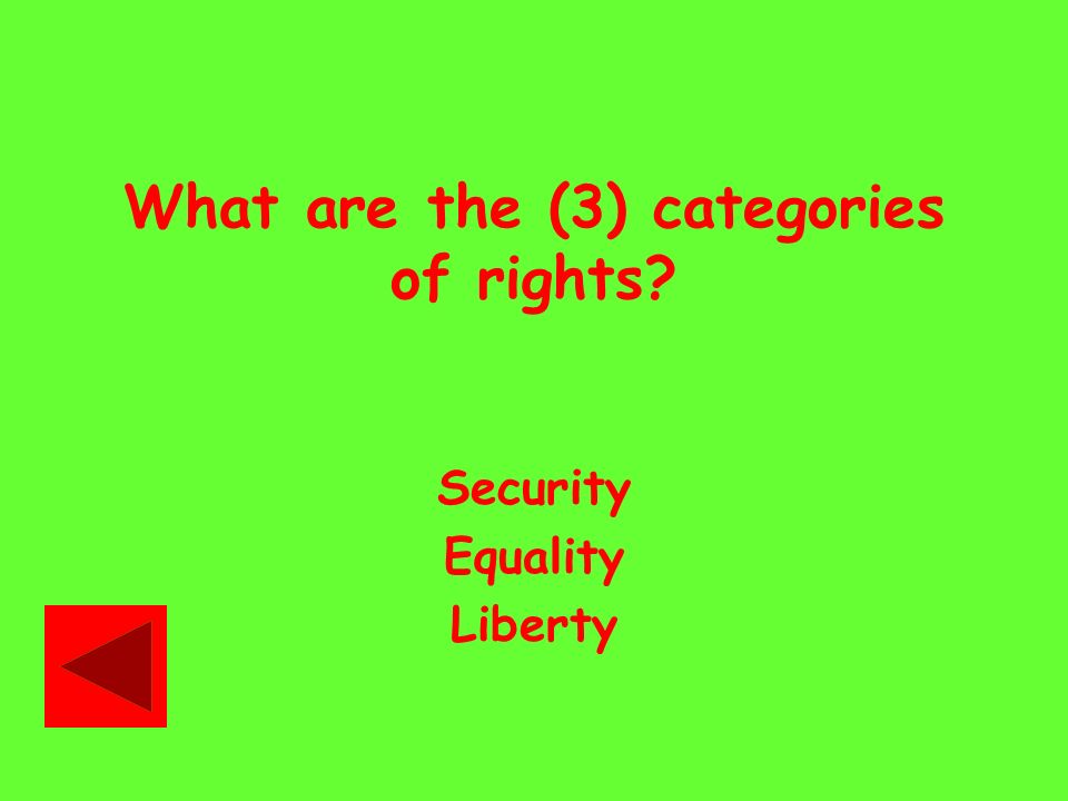What are the (3) categories of rights Security Equality Liberty