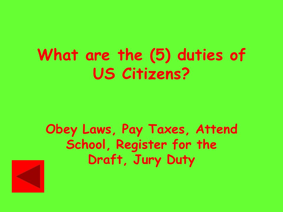 What are the (5) duties of US Citizens.