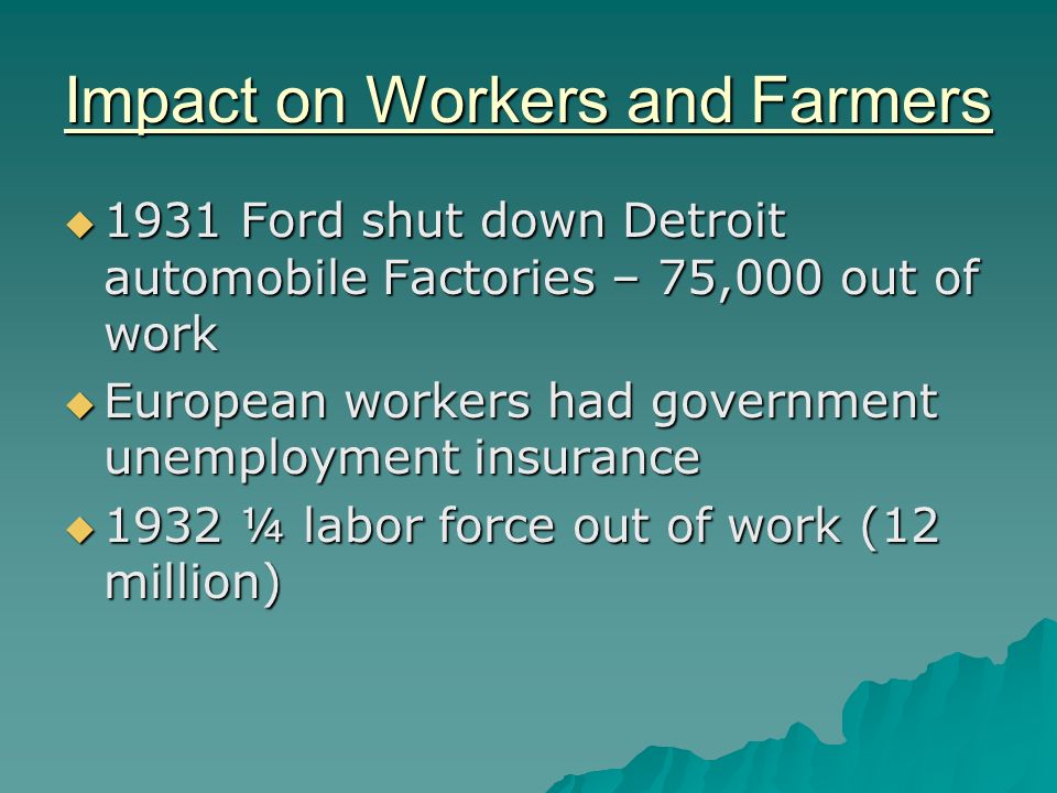 Impact on Workers and Farmers  1931 Ford shut down Detroit automobile Factories – 75,000 out of work  European workers had government unemployment insurance  1932 ¼ labor force out of work (12 million)