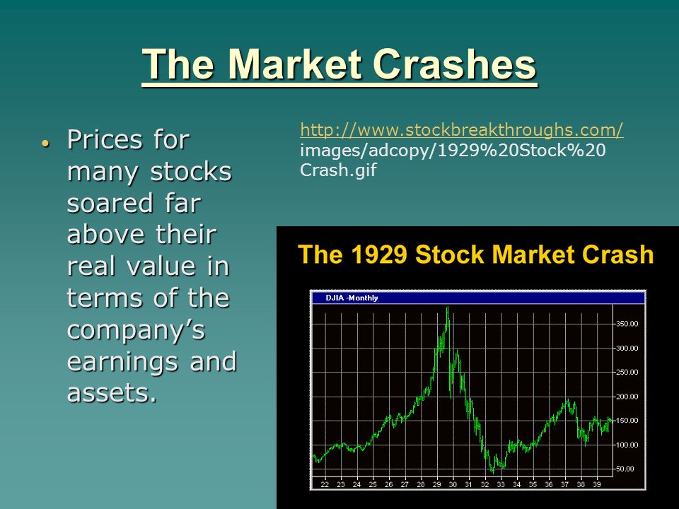 The Market Crashes  Prices for many stocks soared far above their real value in terms of the company’s earnings and assets.