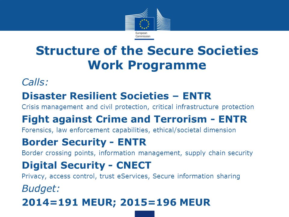 Structure of the Secure Societies Work Programme Calls: Disaster Resilient Societies – ENTR Crisis management and civil protection, critical infrastructure protection Fight against Crime and Terrorism - ENTR Forensics, law enforcement capabilities, ethical/societal dimension Border Security - ENTR Border crossing points, information management, supply chain security Digital Security - CNECT Privacy, access control, trust eServices, Secure information sharing Budget: 2014=191 MEUR; 2015=196 MEUR