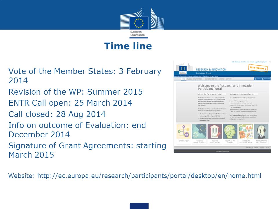 Vote of the Member States: 3 February 2014 Revision of the WP: Summer 2015 ENTR Call open: 25 March 2014 Call closed: 28 Aug 2014 Info on outcome of Evaluation: end December 2014 Signature of Grant Agreements: starting March 2015 Time line Website: