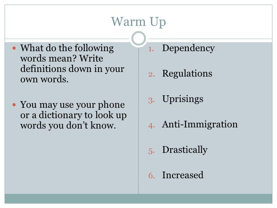 Presentation on theme: "Warm Up What do the following words mean? 