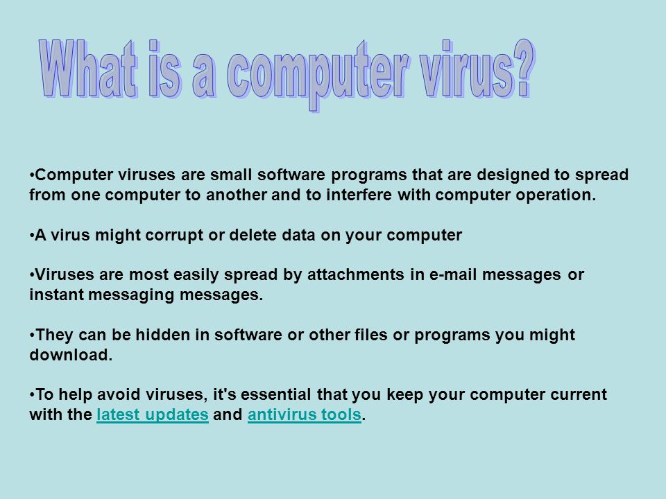Computer viruses are small software programs that are designed to spread from one computer to another and to interfere with computer operation.