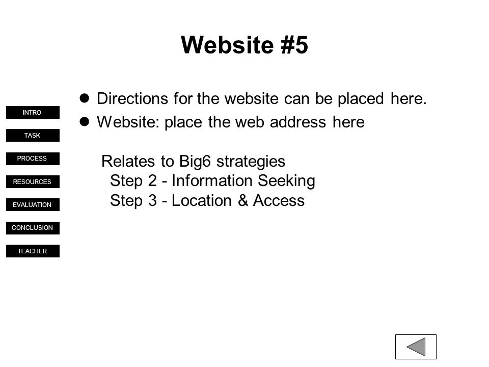 TASK PROCESS RESOURCES EVALUATION CONCLUSION TEACHER INTRO Website #5 Directions for the website can be placed here.