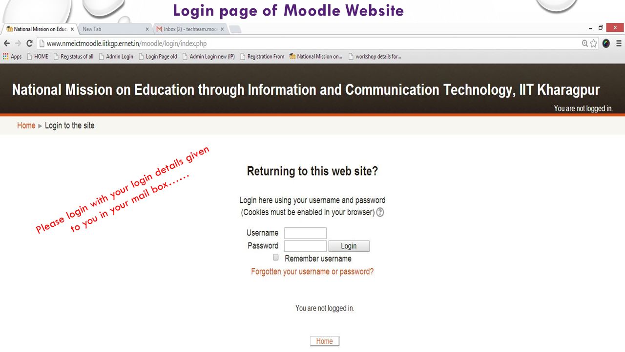 Login page of Moodle Website Please login with your login details given to you in your mail box……