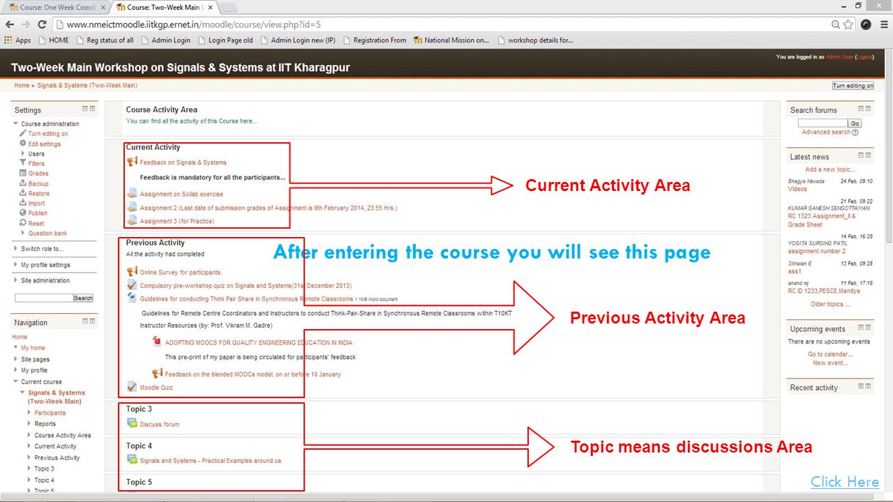 After entering the course you will see this page Current Activity Area Previous Activity Area Topic means discussions Area Click Here
