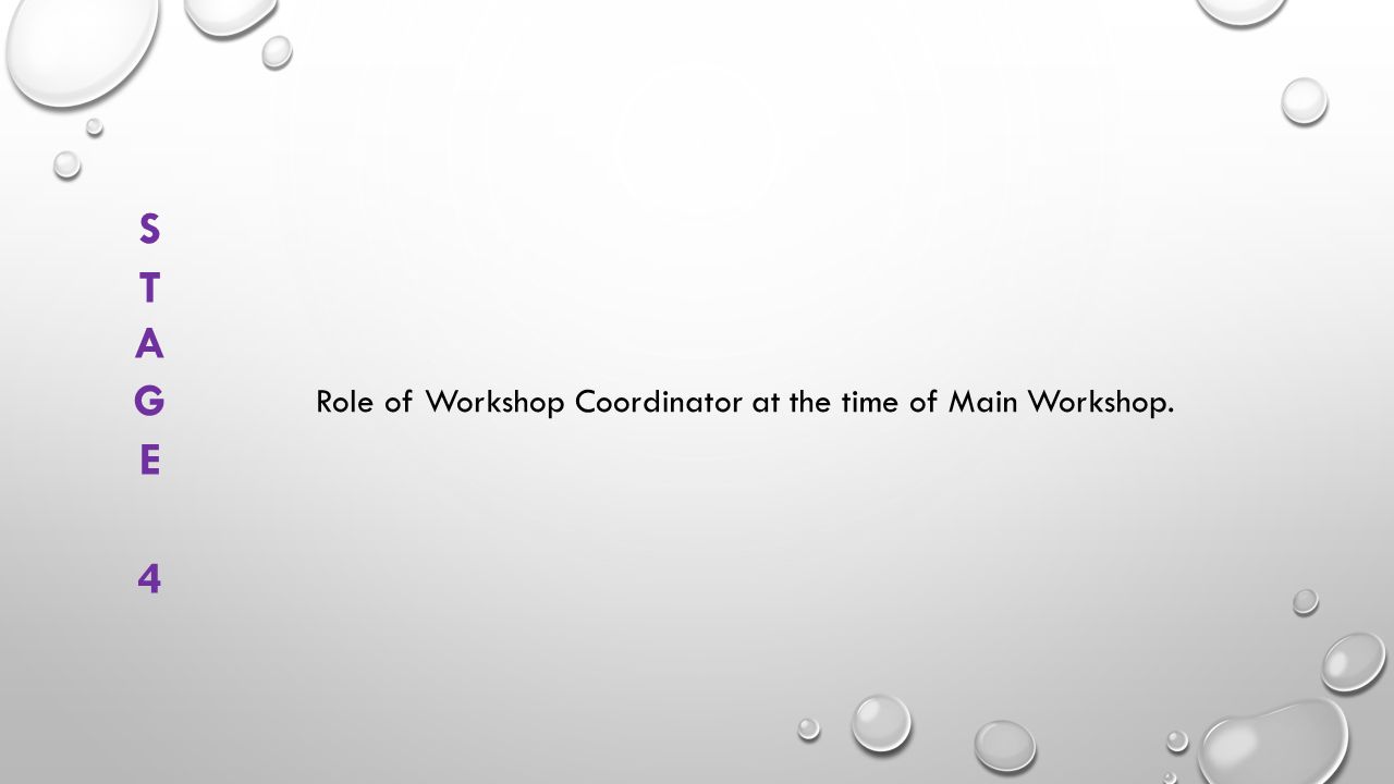 Role of Workshop Coordinator at the time of Main Workshop.