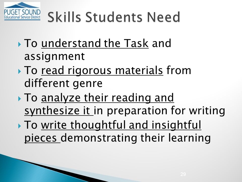  To understand the Task and assignment  To read rigorous materials from different genre  To analyze their reading and synthesize it in preparation for writing  To write thoughtful and insightful pieces demonstrating their learning 29