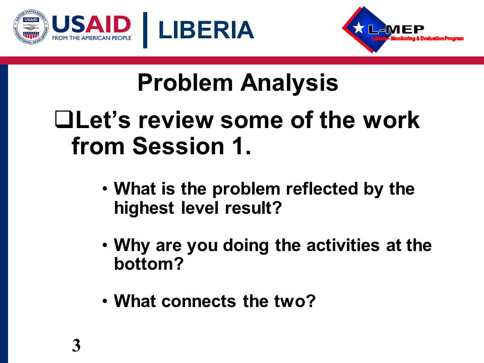 LIBERIA 3 Problem Analysis  Let’s review some of the work from Session 1.