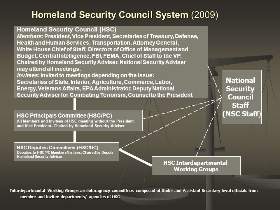 Homeland Security Council System (2009) Interdepartmental Working Groups are interagency committees composed of Under and Assistant Secretary level officials from member and invitee departments/ agencies of HSC Homeland Security Council (HSC) Members: President, Vice President, Secretaries of Treasury, Defense, Health and Human Services, Transportation, Attorney General, White House Chief of Staff, Directors of Office of Management and Budget, Central Intelligence, FBI, FEMA, Chief of Staff to the VP.