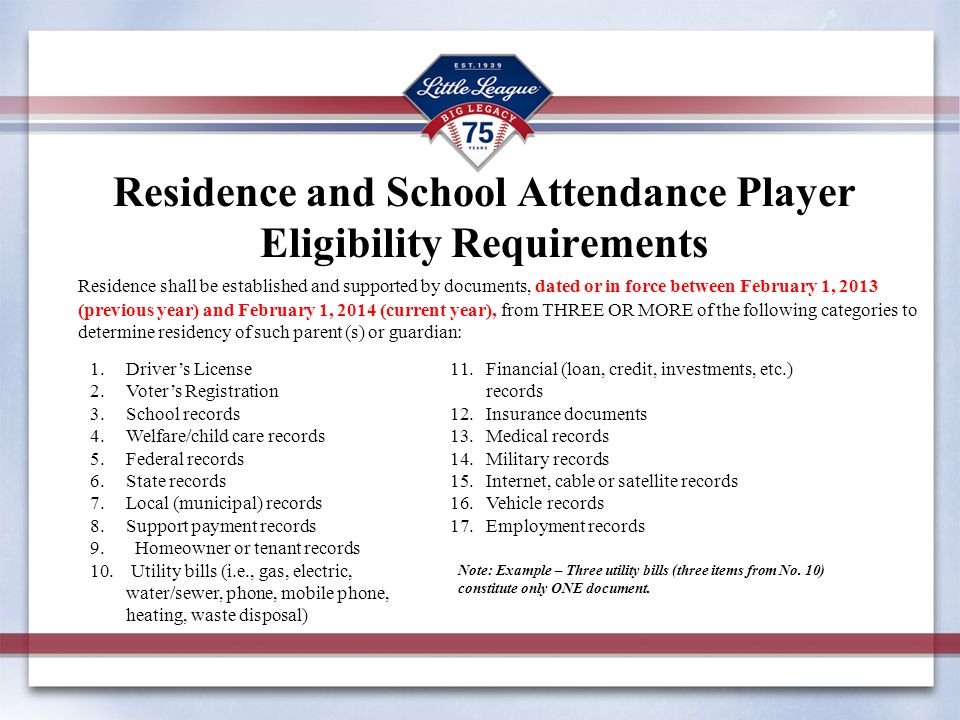 Residence and School Attendance Player Eligibility Requirements Residence shall be established and supported by documents, dated or in force between February 1, 2013 (previous year) and February 1, 2014 (current year), from THREE OR MORE of the following categories to determine residency of such parent (s) or guardian: 1.Driver’s License 2.Voter’s Registration 3.School records 4.Welfare/child care records 5.Federal records 6.State records 7.Local (municipal) records 8.Support payment records 9.