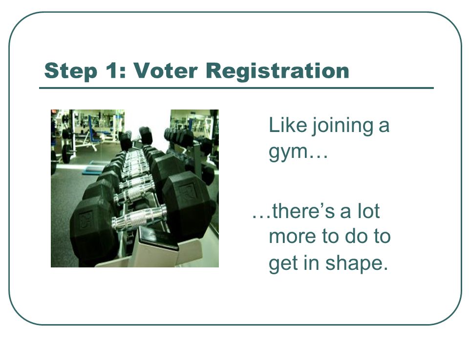 Step 1: Voter Registration Like joining a gym… …there’s a lot more to do to get in shape.