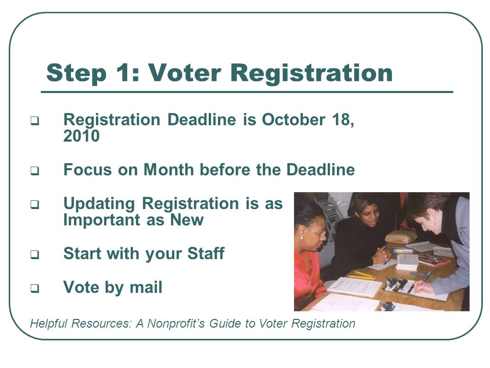 Step 1: Voter Registration  Registration Deadline is October 18, 2010  Focus on Month before the Deadline  Updating Registration is as Important as New  Start with your Staff  Vote by mail Helpful Resources: A Nonprofit’s Guide to Voter Registration