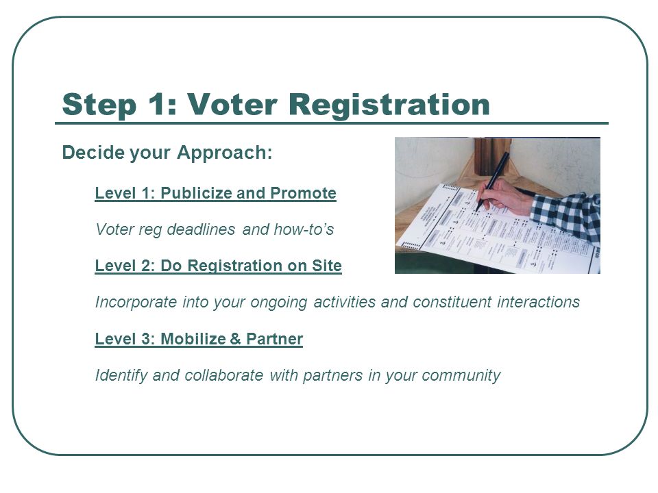 Step 1: Voter Registration Decide your Approach: Level 1: Publicize and Promote Voter reg deadlines and how-to’s Level 2: Do Registration on Site Incorporate into your ongoing activities and constituent interactions Level 3: Mobilize & Partner Identify and collaborate with partners in your community