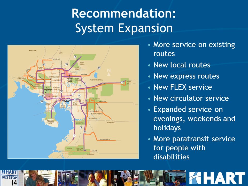 More service on existing routes New local routes New express routes New FLEX service New circulator service Expanded service on evenings, weekends and holidays More paratransit service for people with disabilities Recommendation: System Expansion