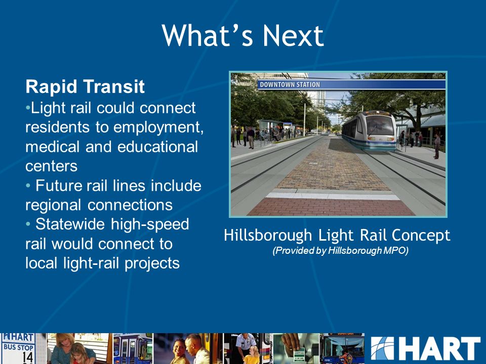 What’s Next Hillsborough Light Rail Concept (Provided by Hillsborough MPO) Rapid Transit Light rail could connect residents to employment, medical and educational centers Future rail lines include regional connections Statewide high-speed rail would connect to local light-rail projects