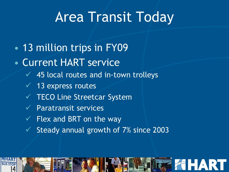 Area Transit Today 13 million trips in FY09 Current HART service 45 local routes and in-town trolleys 13 express routes TECO Line Streetcar System Paratransit services Flex and BRT on the way Steady annual growth of 7% since 2003