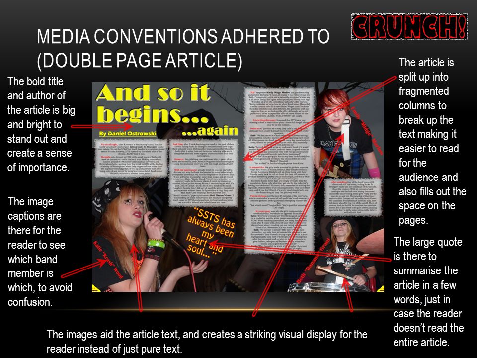 MEDIA CONVENTIONS ADHERED TO (DOUBLE PAGE ARTICLE) The bold title and author of the article is big and bright to stand out and create a sense of importance.