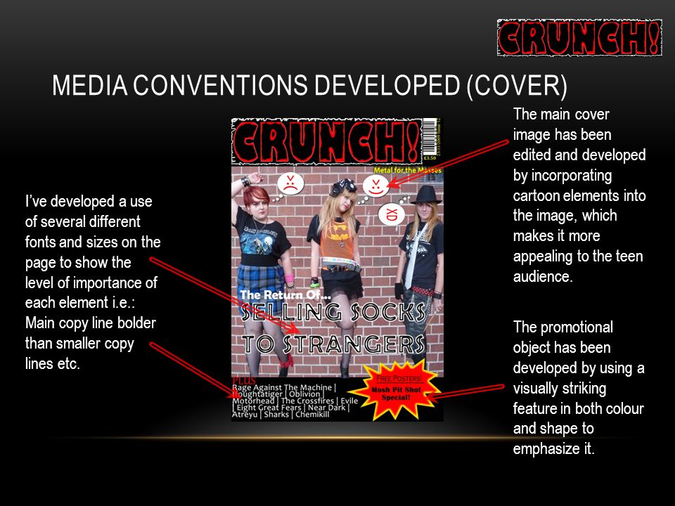 MEDIA CONVENTIONS DEVELOPED (COVER) The main cover image has been edited and developed by incorporating cartoon elements into the image, which makes it more appealing to the teen audience.