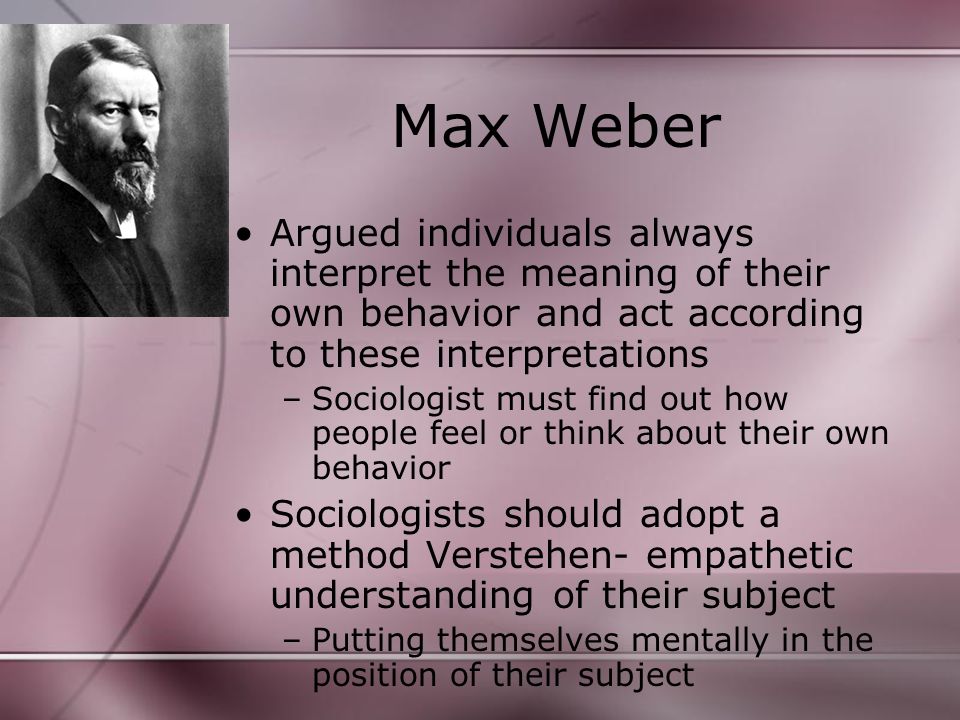 Max Weber Argued individuals always interpret the meaning of their own behavior and act according to these interpretations –Sociologist must find out how people feel or think about their own behavior Sociologists should adopt a method Verstehen- empathetic understanding of their subject –Putting themselves mentally in the position of their subject