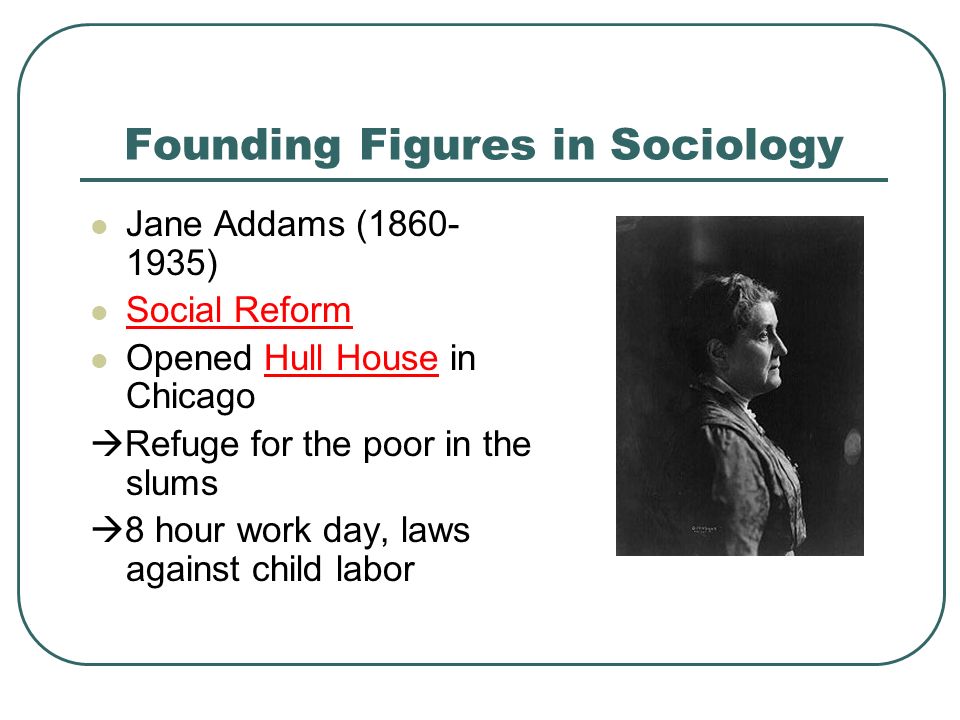 Founding Figures in Sociology Jane Addams ( ) Social Reform Opened Hull House in Chicago  Refuge for the poor in the slums  8 hour work day, laws against child labor