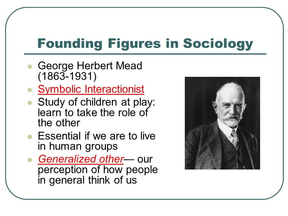 Founding Figures in Sociology George Herbert Mead ( ) Symbolic Interactionist Study of children at play: learn to take the role of the other Essential if we are to live in human groups Generalized other— our perception of how people in general think of us
